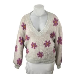Listicle Women's Beige Floral Fleece V Neck Knit Long Sleeve Sweater Top Size M
